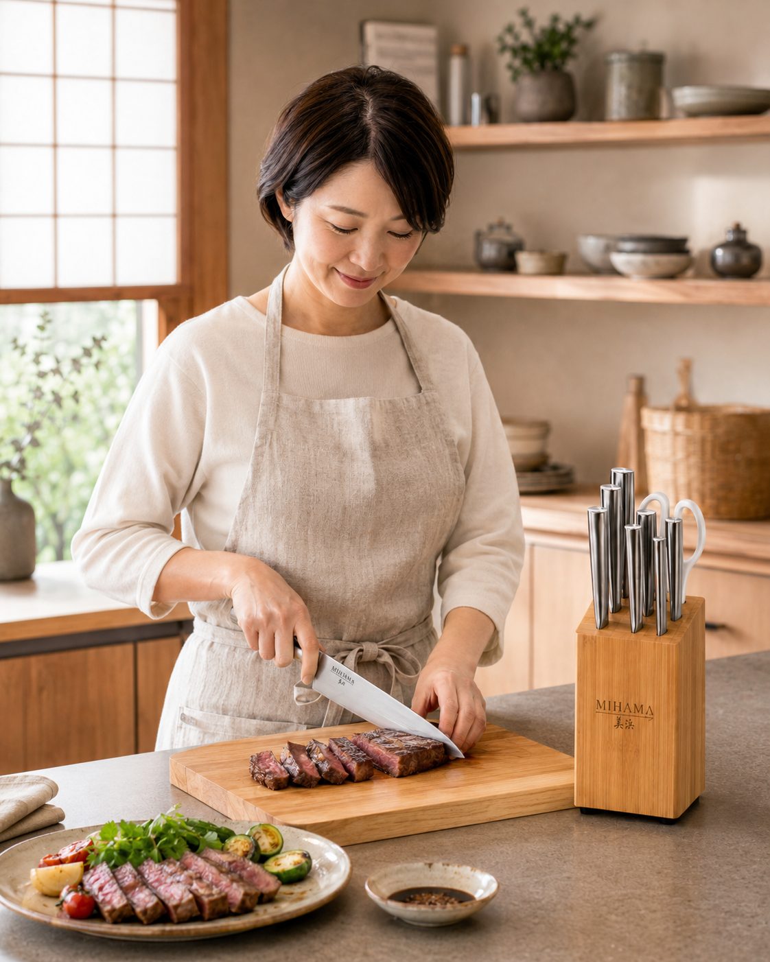 Slicing steak on a wooden board in a calm, sunlit kitchen